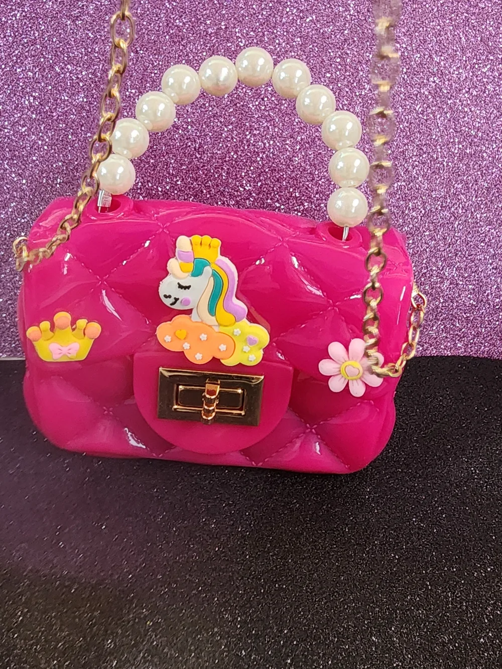 Pink Unicorn Pearl-Handle Kids Crossbody Jelly Purse